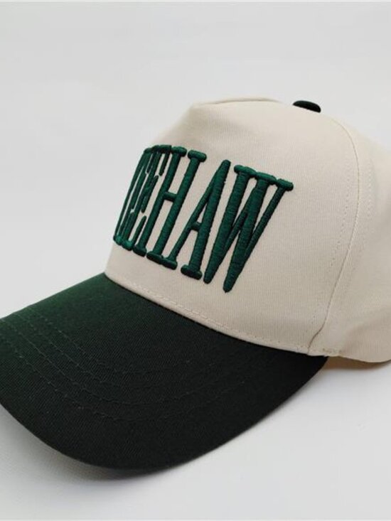 Retro 80s Yeehaw Puff Embroidered Cowboy Hat - Green & Beige - USA Embroidered